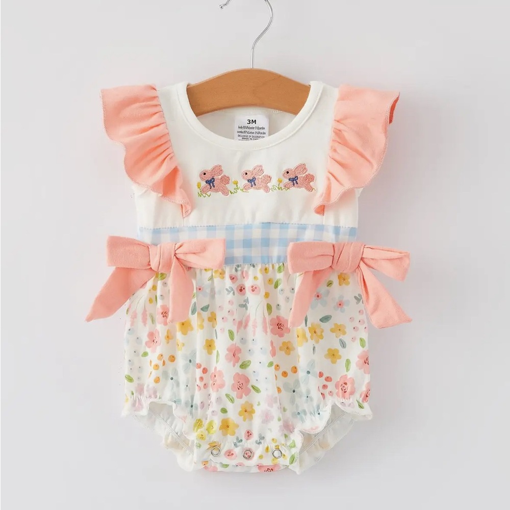 Rylee Faith Designs Floral Baby Romper with Pink Bows